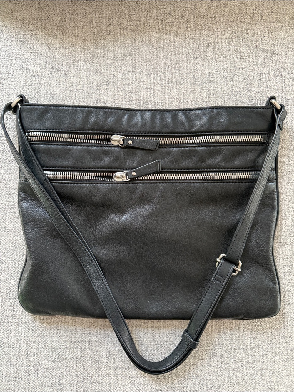 Black Leather Crossbody Bag with Dual Zip Pockets